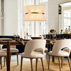 Grand lustre à tambour bohème moderne à 8 lumières, 60 cm (24 pouces), en tissu, en forme de sablier, tissé à la main, en or/noir, pour salle à manger/salon.