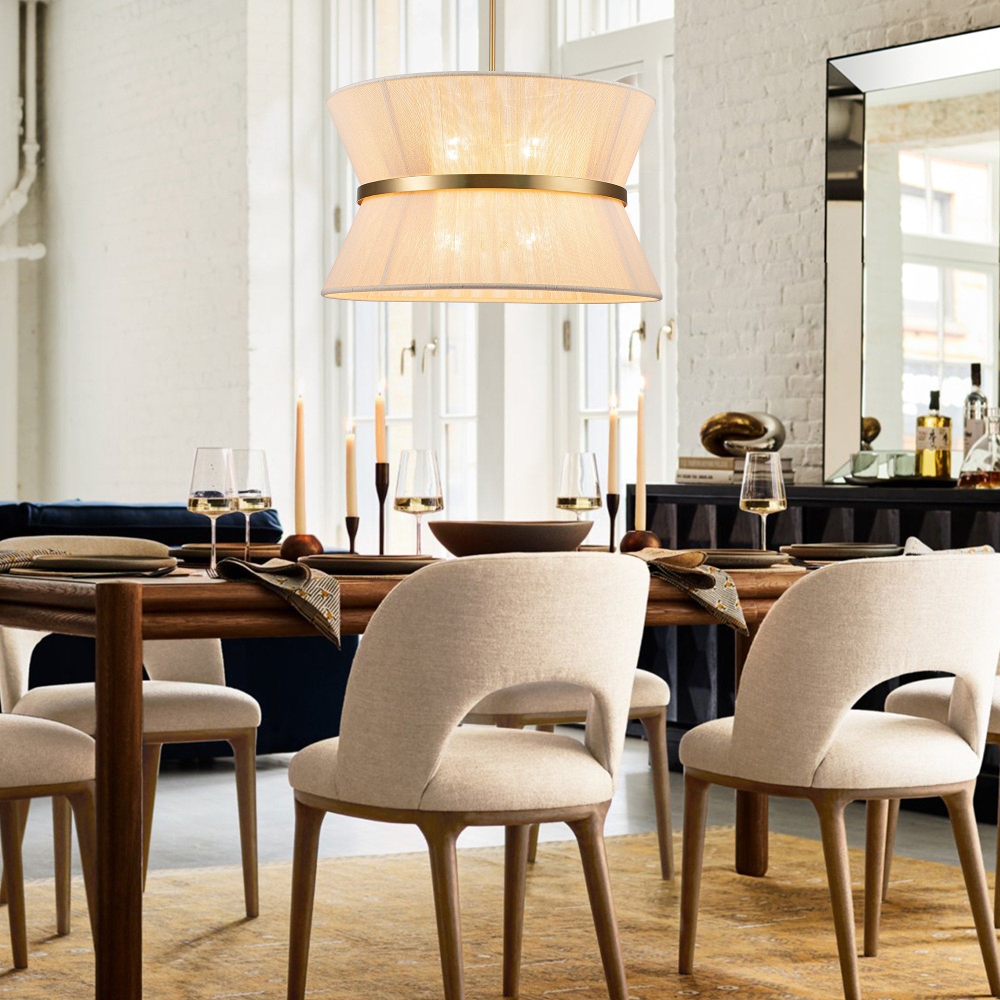 Grand lustre à tambour bohème moderne à 8 lumières, 60 cm (24 pouces), en tissu, en forme de sablier, tissé à la main, en or/noir, pour salle à manger/salon.