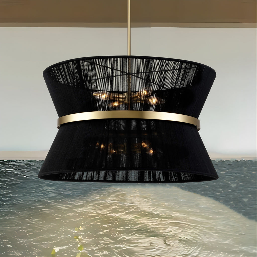 Grand lustre à tambour bohème moderne à 8 lumières, 60 cm (24 pouces), en tissu, en forme de sablier, tissé à la main, en or/noir, pour salle à manger/salon.