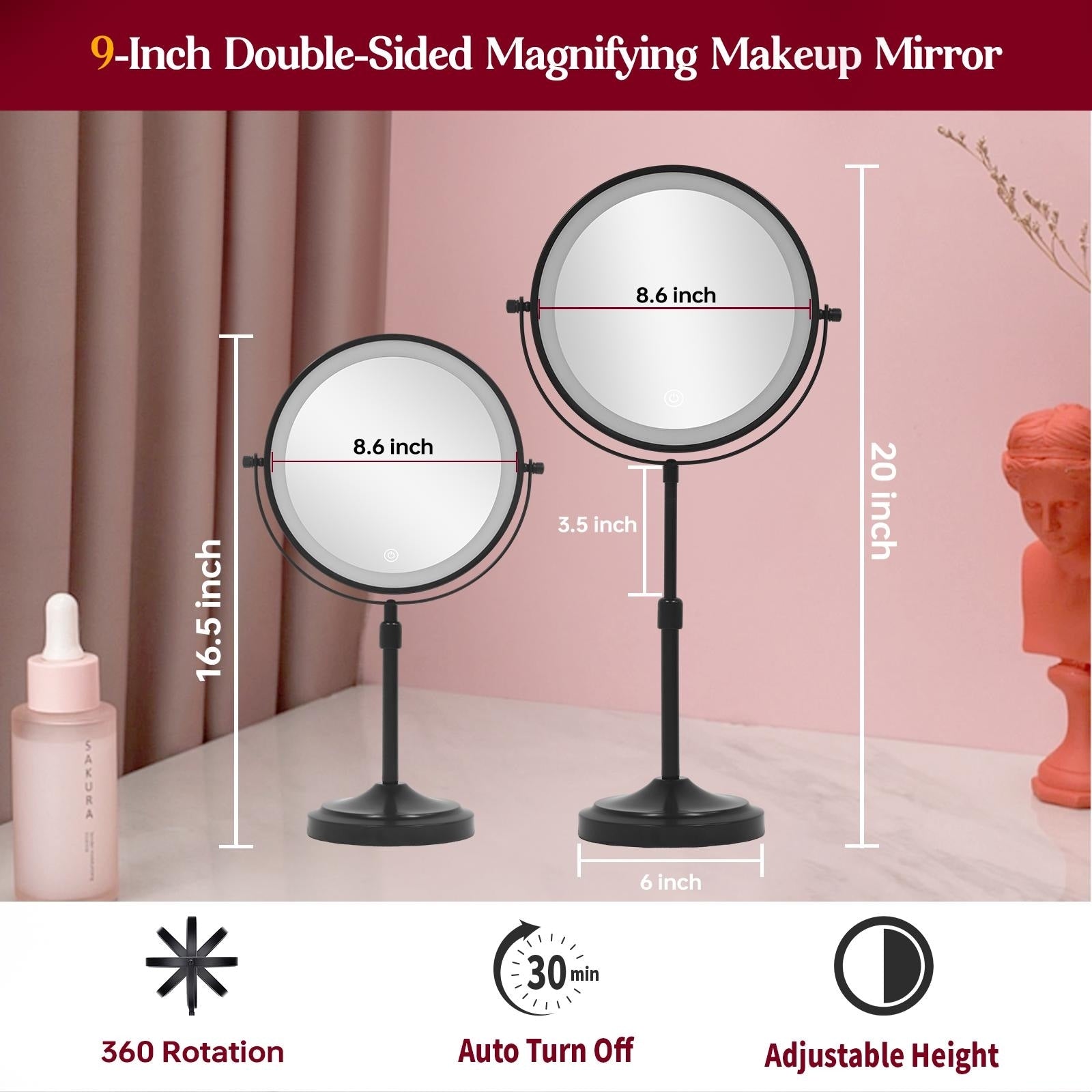 Miroir de maquillage à 9 lumières LED, miroir grossissant double face avec grossissement 1X/10X, 3 couleurs d'éclairage
