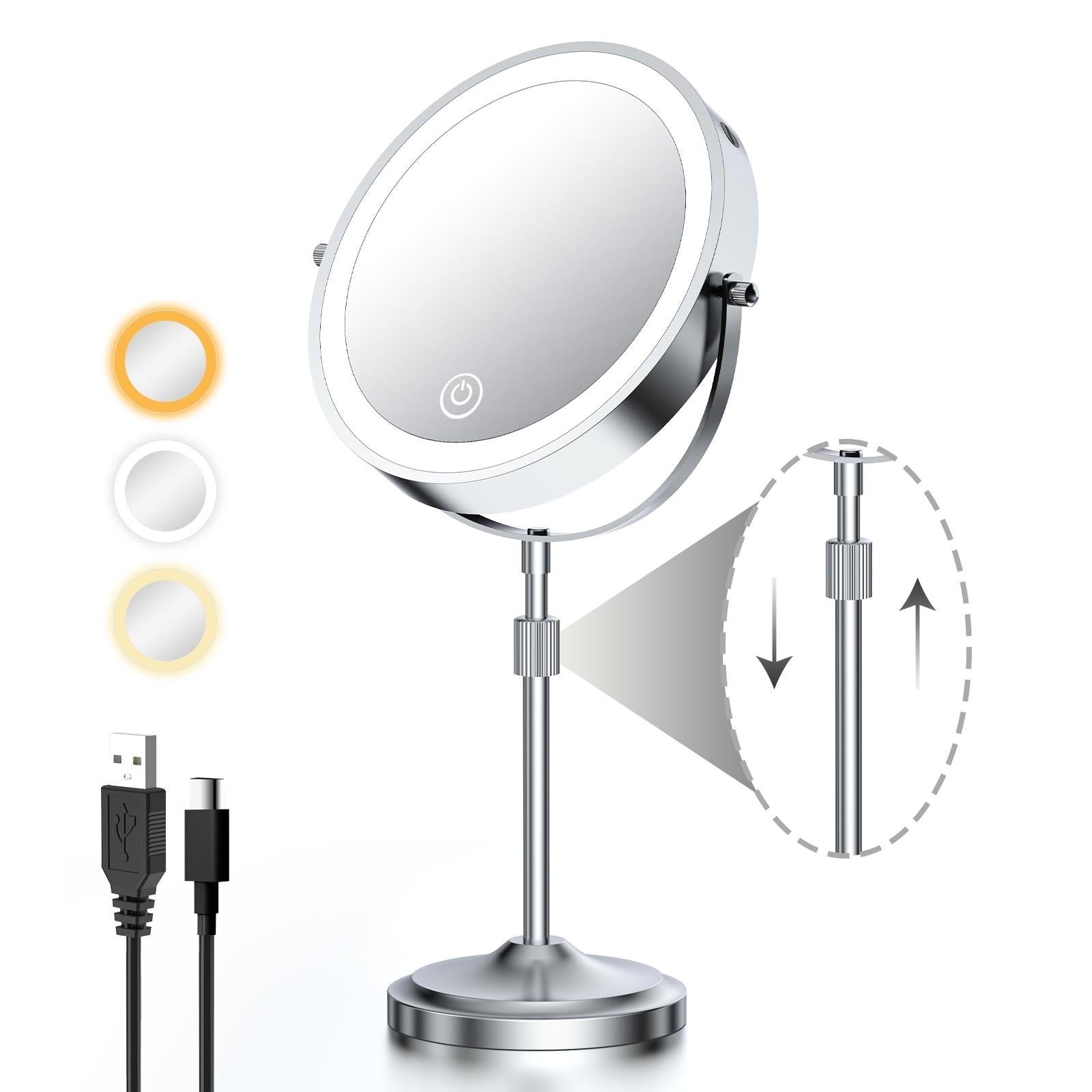Miroir de maquillage à 9 lumières LED, miroir grossissant double face avec grossissement 1X/10X, 3 couleurs d'éclairage