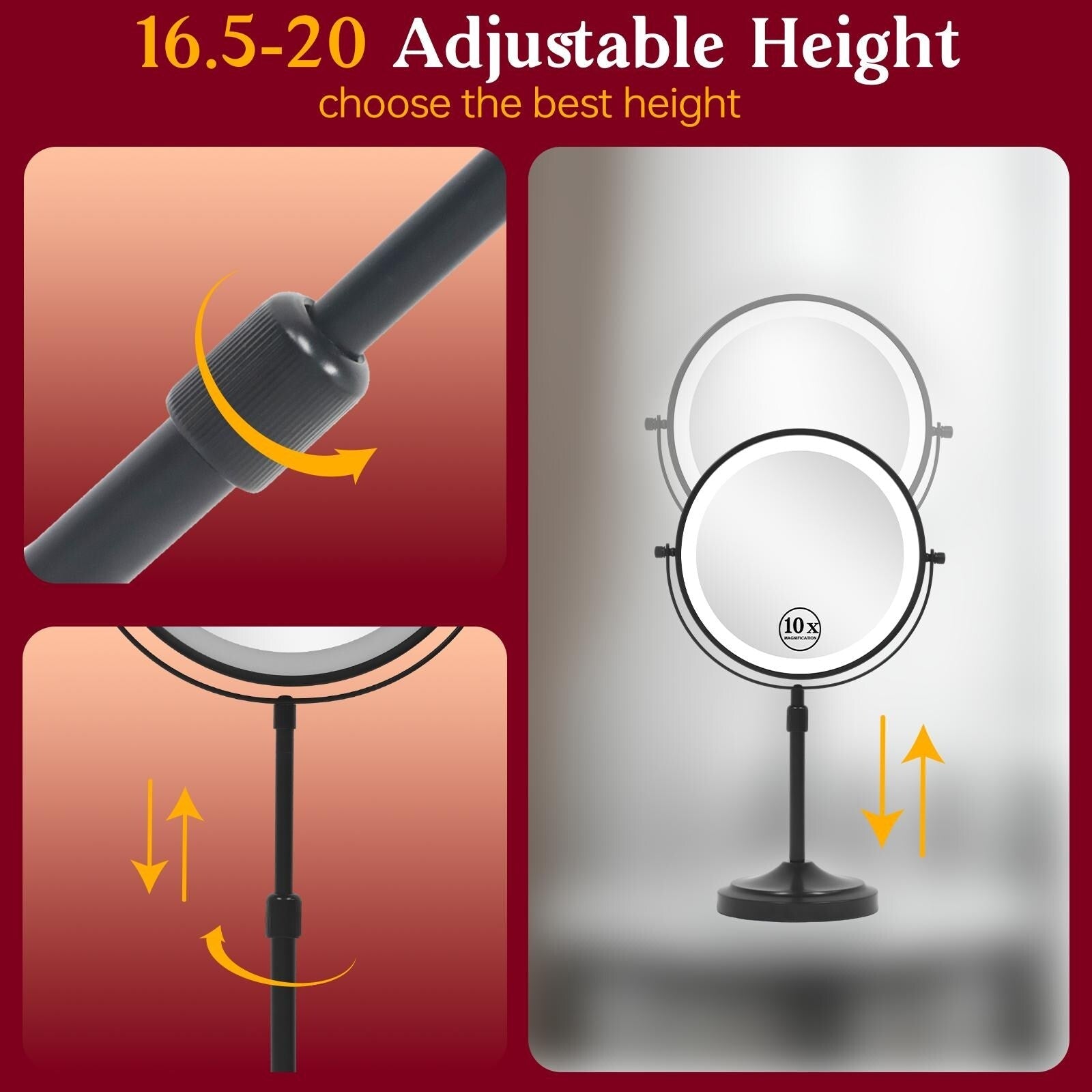 Miroir de maquillage à 9 lumières LED, miroir grossissant double face avec grossissement 1X/10X, 3 couleurs d'éclairage