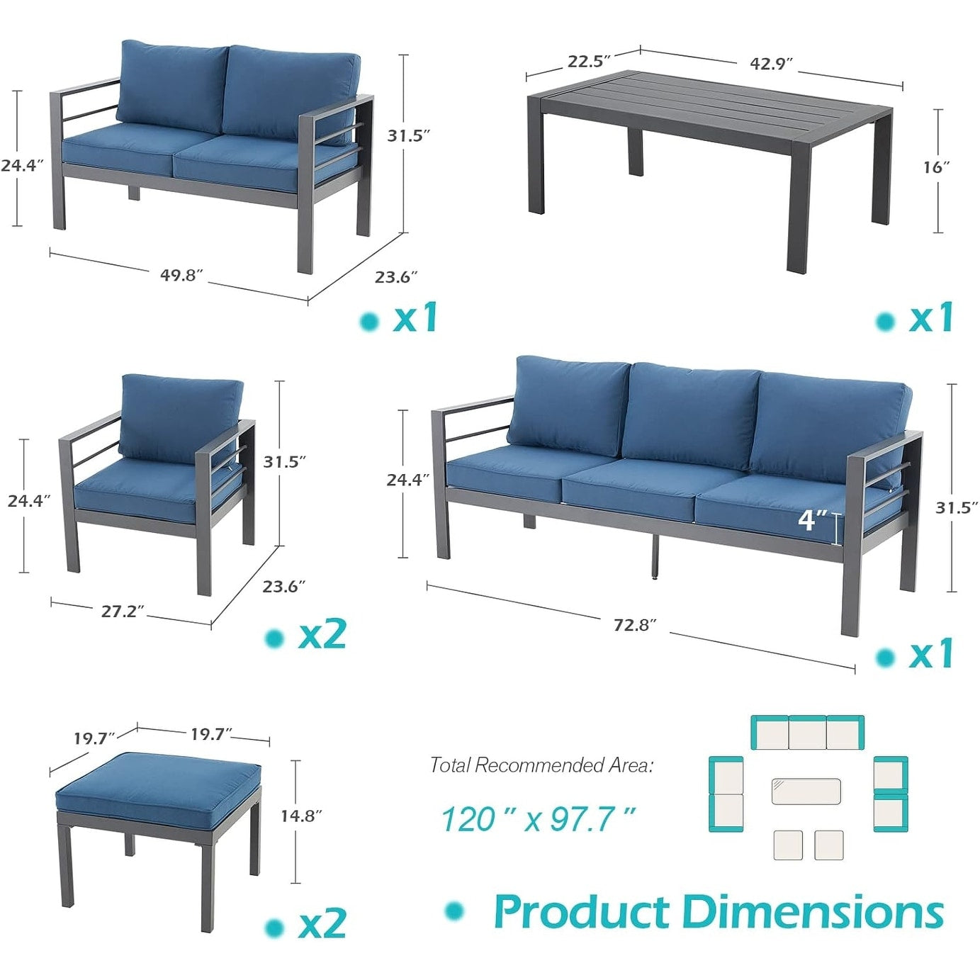 Ensemble de mobilier de patio en aluminium AECOJOY 7 pièces, ensemble de conversation d'extérieur