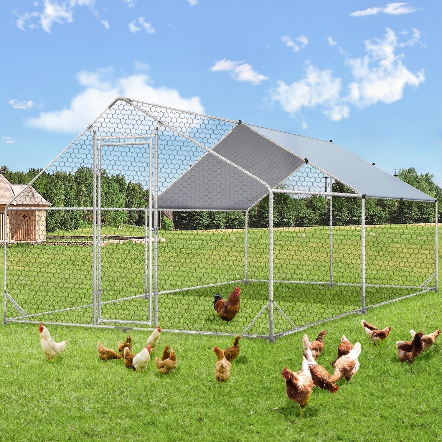 AECOJOY Grand poulailler métallique, enclos à poules, cage à poules métallique à accès facile
