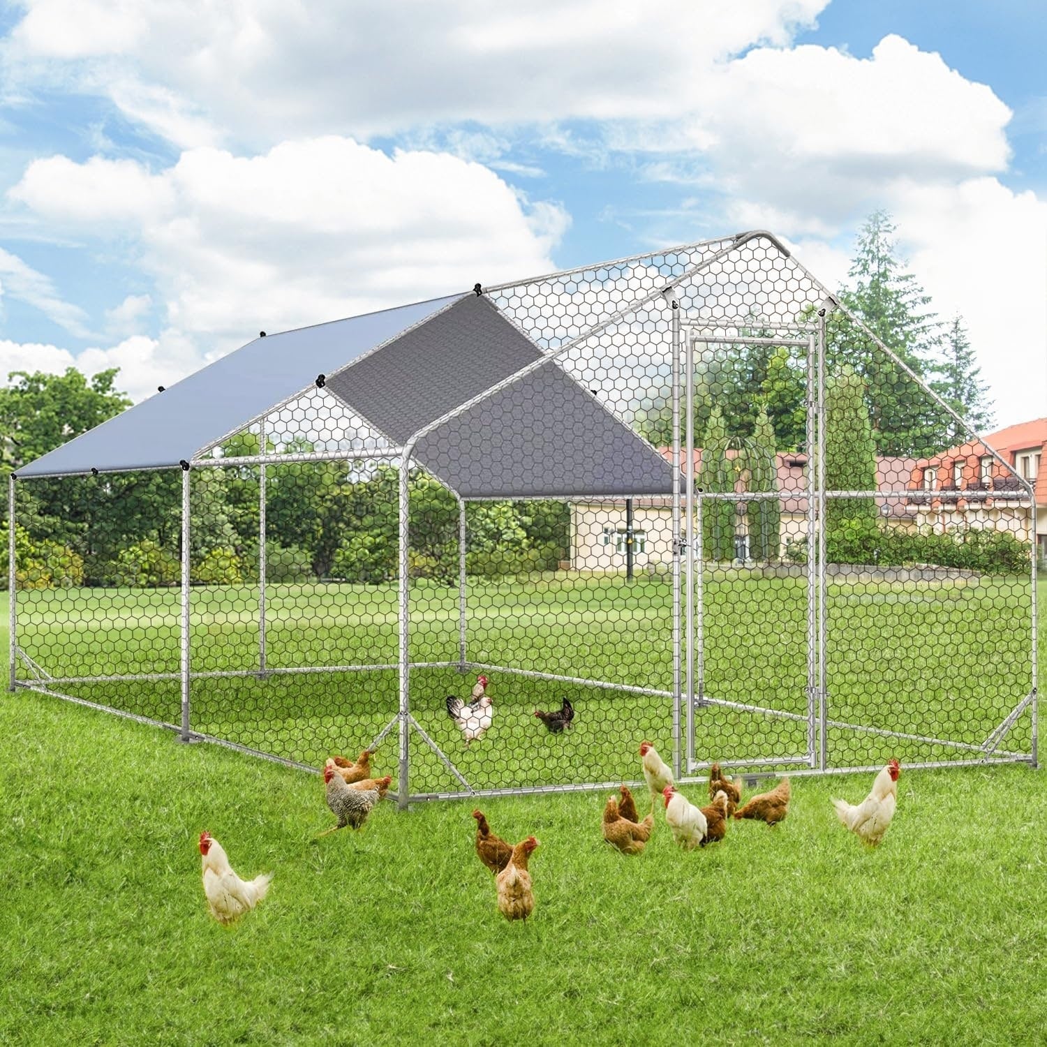 AECOJOY Grand poulailler métallique, enclos à poules, cage à poules métallique à accès facile