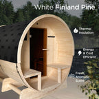 Sauna en barrique ALEKO en pin finlandais blanc pour 6 à 8 personnes avec chauffe-eau électrique UL - 88L x 73W x 79H pouces