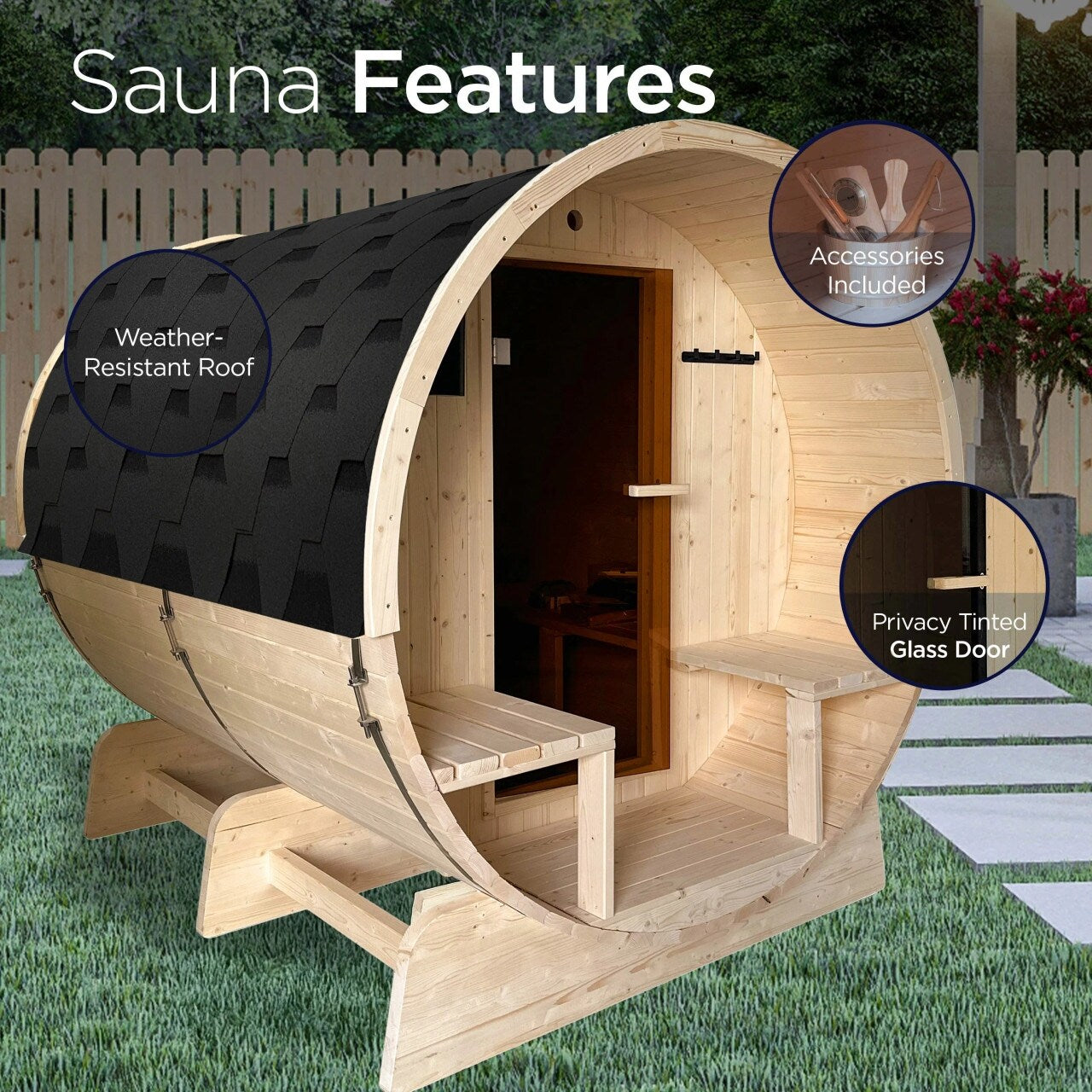 Sauna en barrique ALEKO en pin finlandais blanc pour 6 à 8 personnes avec chauffe-eau électrique UL - 88L x 73W x 79H pouces