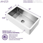 ANZZI Apollo Évier de cuisine de ferme à simple cuve de 91 cm (36 po) en surface solide blanche mate avec intérieur en acier inoxydable