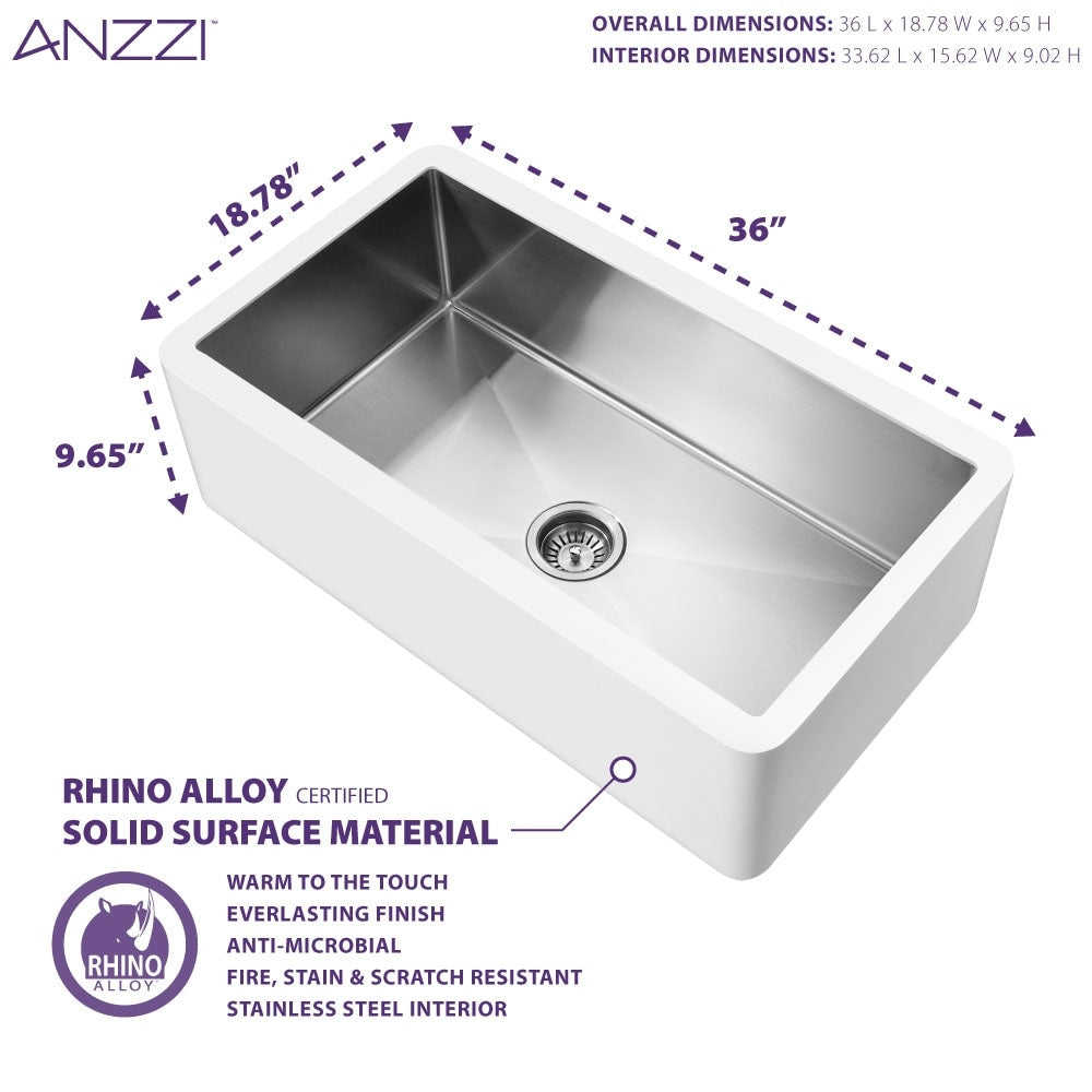 ANZZI Apollo Évier de cuisine de ferme à simple cuve de 91 cm (36 po) en surface solide blanche mate avec intérieur en acier inoxydable