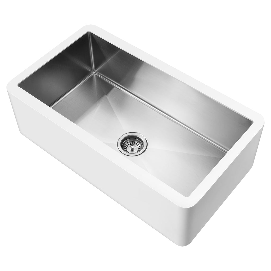 ANZZI Apollo Évier de cuisine de ferme à simple cuve de 91 cm (36 po) en surface solide blanche mate avec intérieur en acier inoxydable