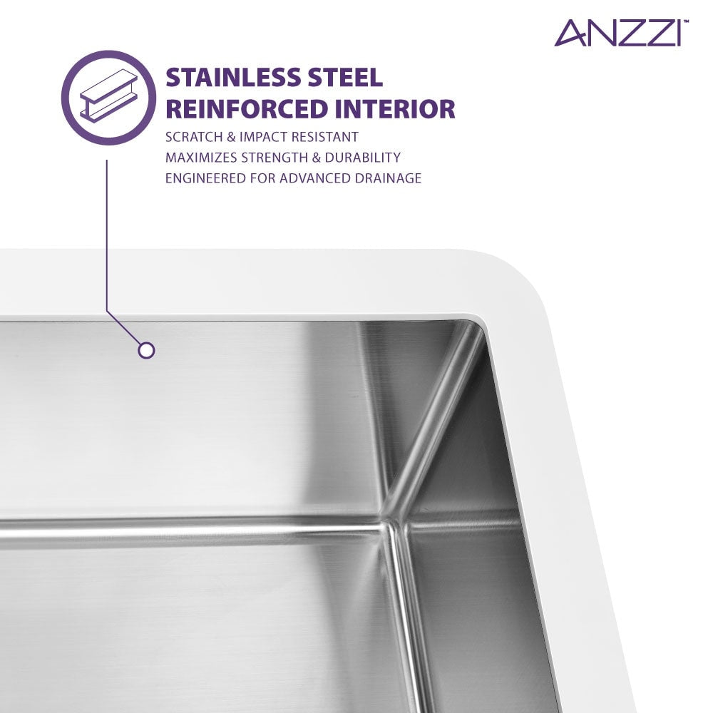 ANZZI Apollo Évier de cuisine de ferme à simple cuve de 91 cm (36 po) en surface solide blanche mate avec intérieur en acier inoxydable