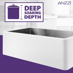 ANZZI Apollo Évier de cuisine de ferme à simple cuve de 91 cm (36 po) en surface solide blanche mate avec intérieur en acier inoxydable