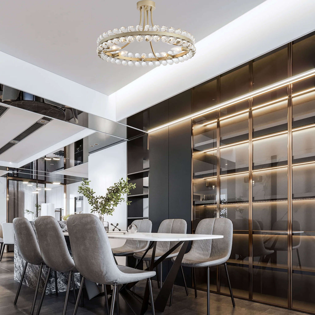 Suspension semi-encastrée Elvira à 8 lumières en forme de roue de charrette avec cristaux