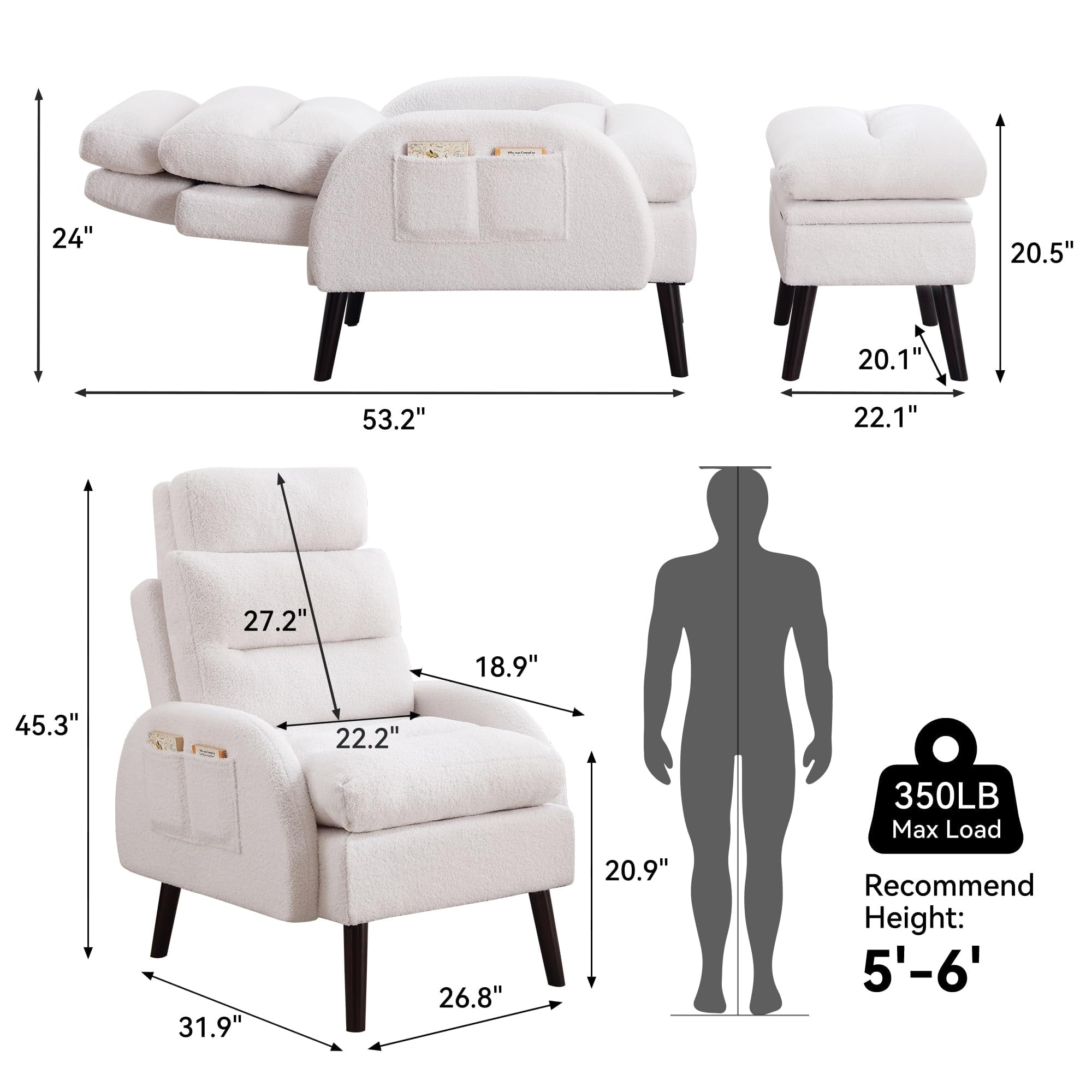 HOMYKA Fauteuil d'appoint avec dossier réglable et rangement intégré dans le repose-pieds