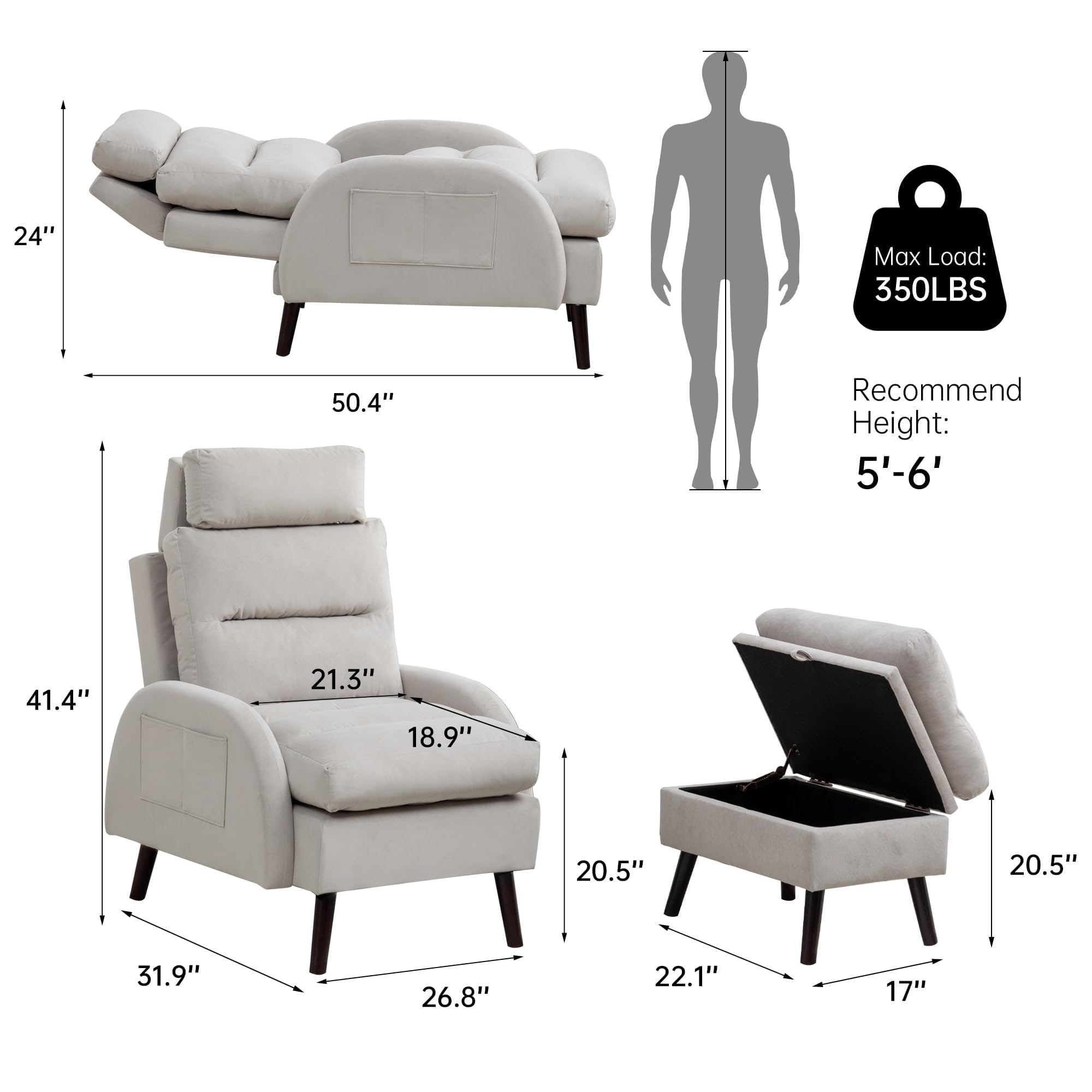 HOMYKA Fauteuil d'appoint avec dossier réglable et rangement intégré dans le repose-pieds