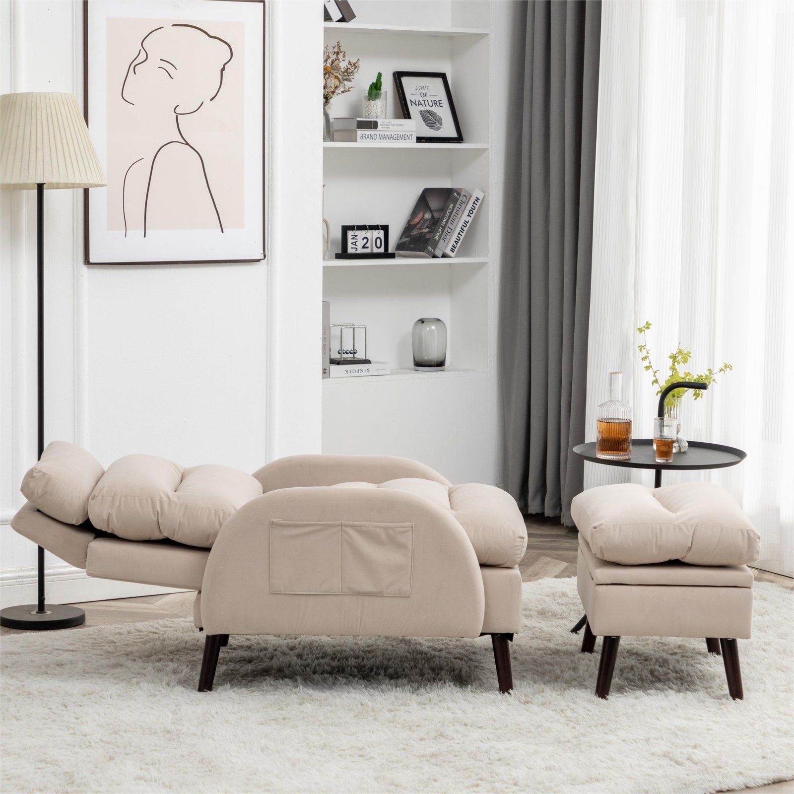 HOMYKA Fauteuil d'appoint avec dossier réglable et rangement intégré dans le repose-pieds