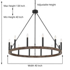 Suspension Acroma à 12 lumières, style ferme, en forme de roue de charrette de 40 pouces, avec certification UL - 40'' de diamètre x 138'' de hauteur