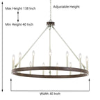 Suspension Acroma à 12 lumières, style ferme, en forme de roue de charrette de 40 pouces, avec certification UL - 40'' de diamètre x 138'' de hauteur