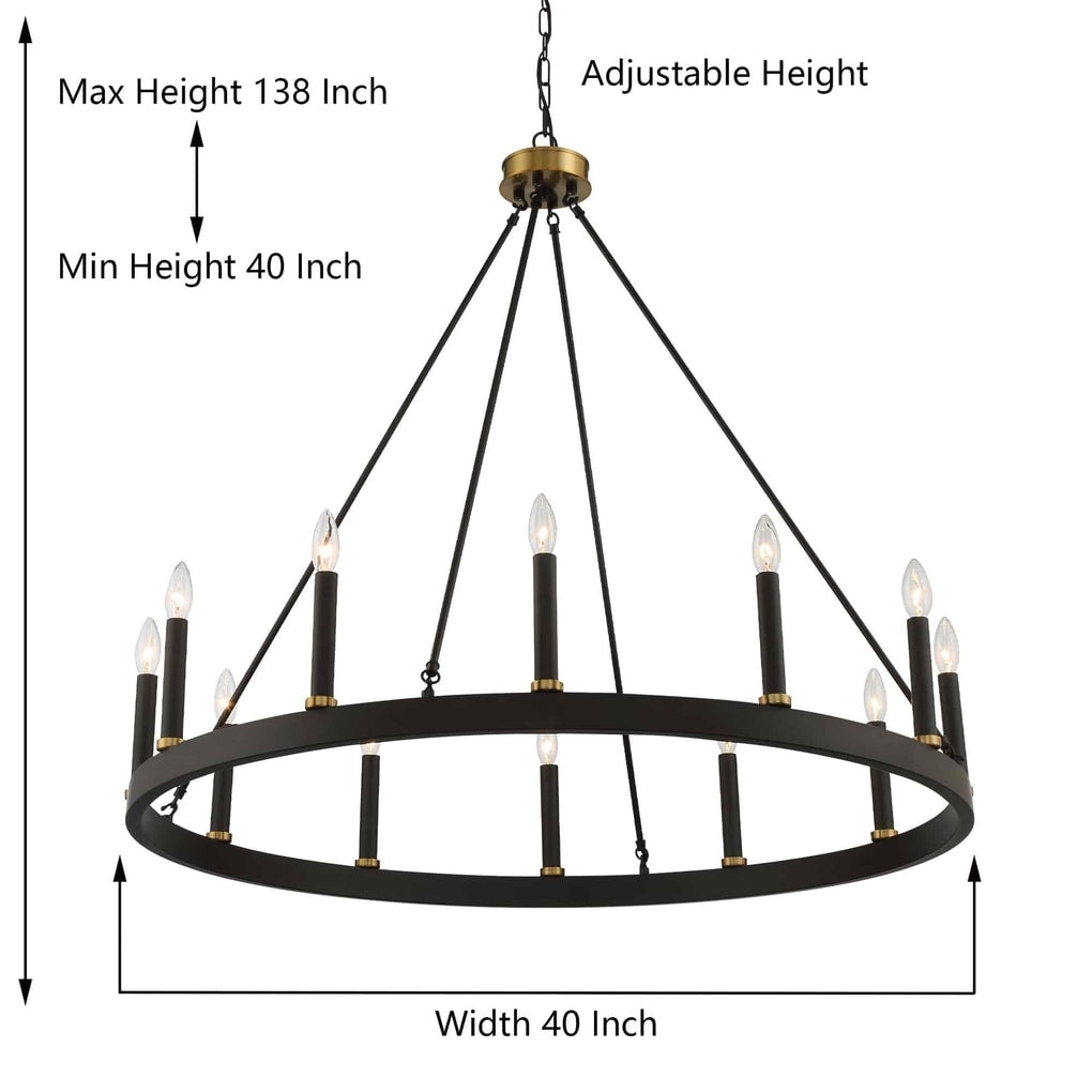 Suspension Acroma à 12 lumières, style ferme, en forme de roue de charrette de 40 pouces, avec certification UL - 40'' de diamètre x 138'' de hauteur