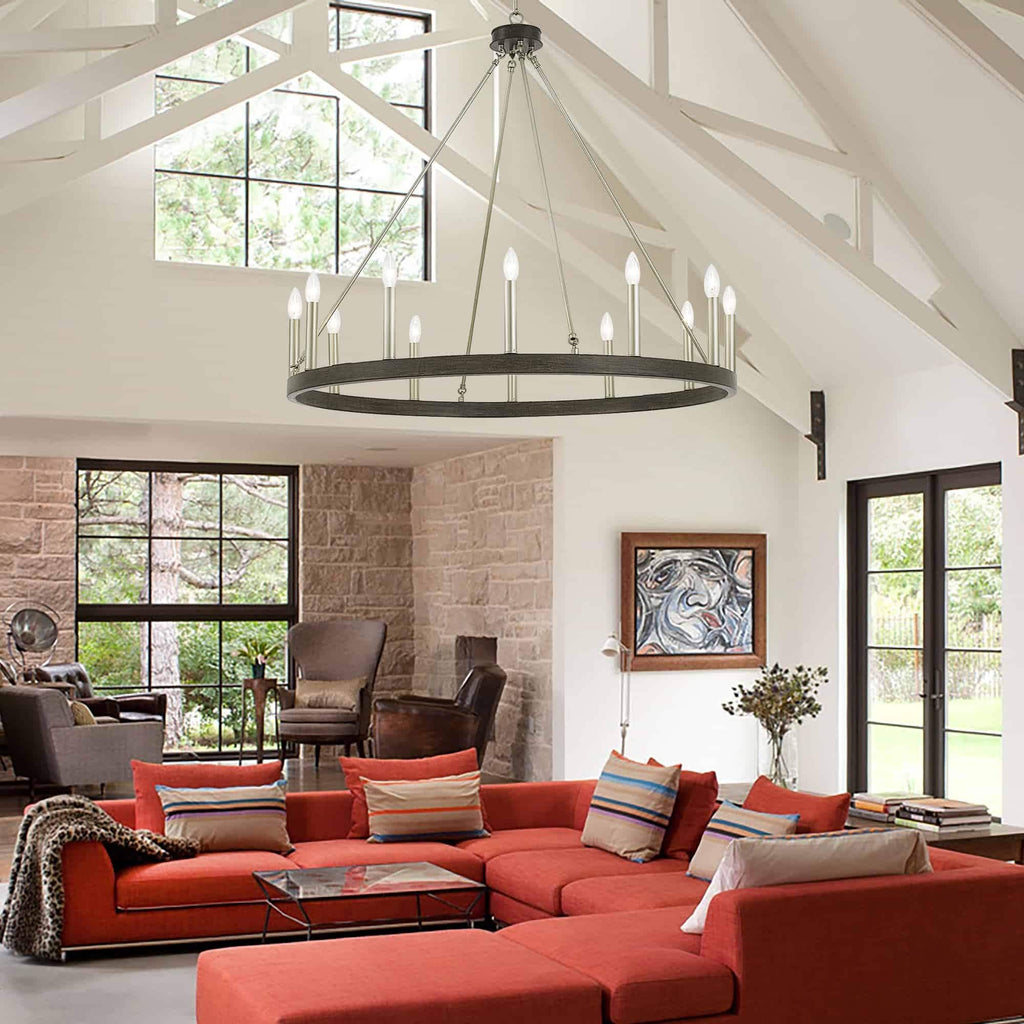 Suspension Acroma à 12 lumières, style ferme, en forme de roue de charrette de 40 pouces, avec certification UL - 40'' de diamètre x 138'' de hauteur