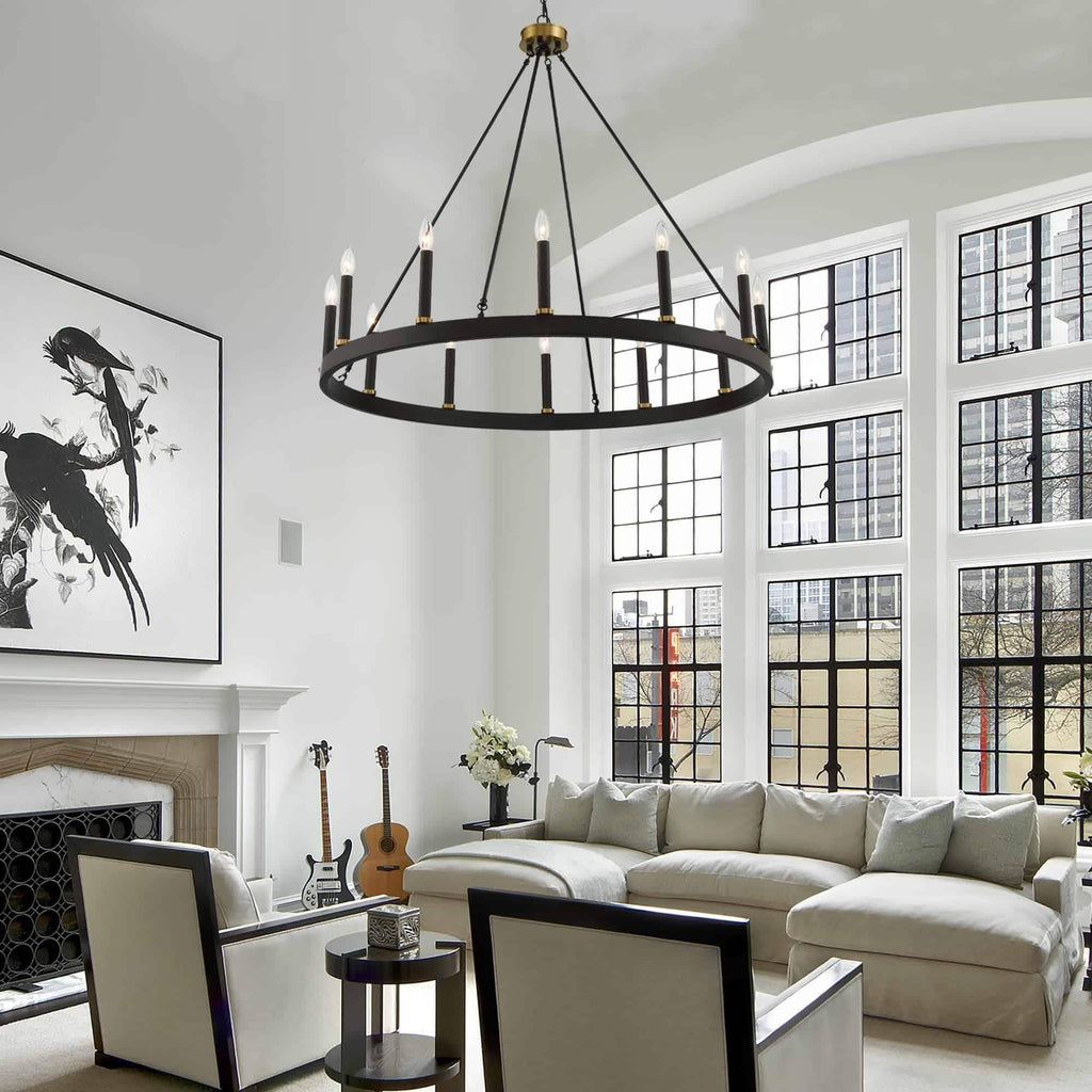 Suspension Acroma à 12 lumières, style ferme, en forme de roue de charrette de 40 pouces, avec certification UL - 40'' de diamètre x 138'' de hauteur