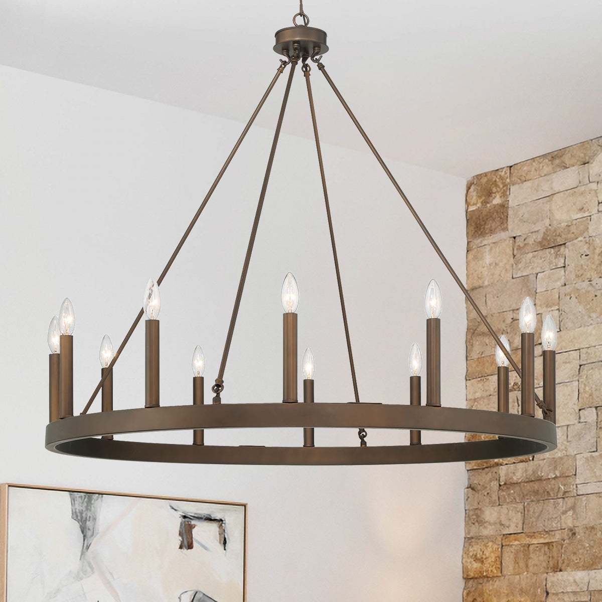 Suspension Acroma à 12 lumières, style ferme, en forme de roue de charrette de 40 pouces, avec certification UL - 40'' de diamètre x 138'' de hauteur