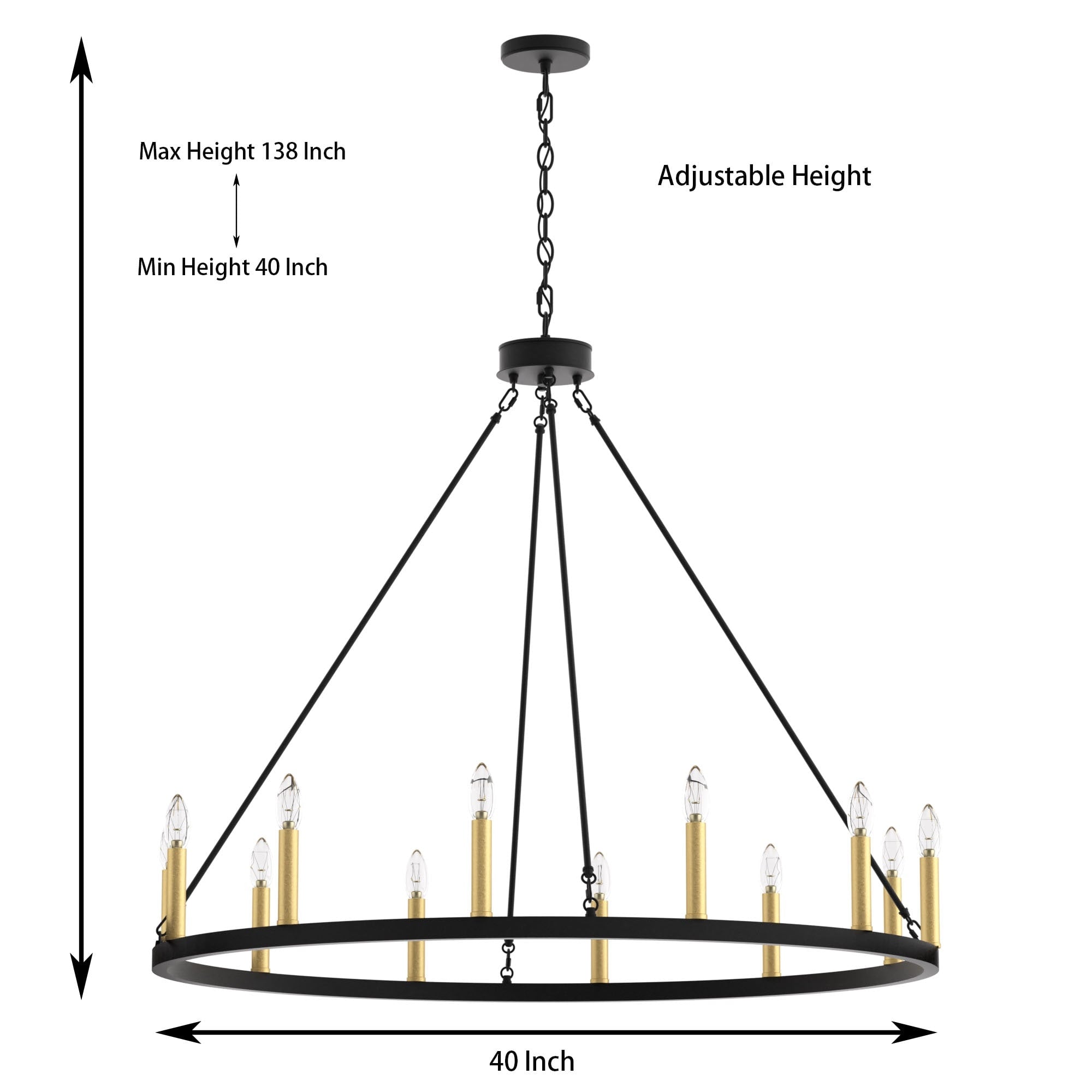 Suspension Acroma à 12 lumières, style ferme, en forme de roue de charrette de 40 pouces, avec certification UL - 40'' de diamètre x 138'' de hauteur
