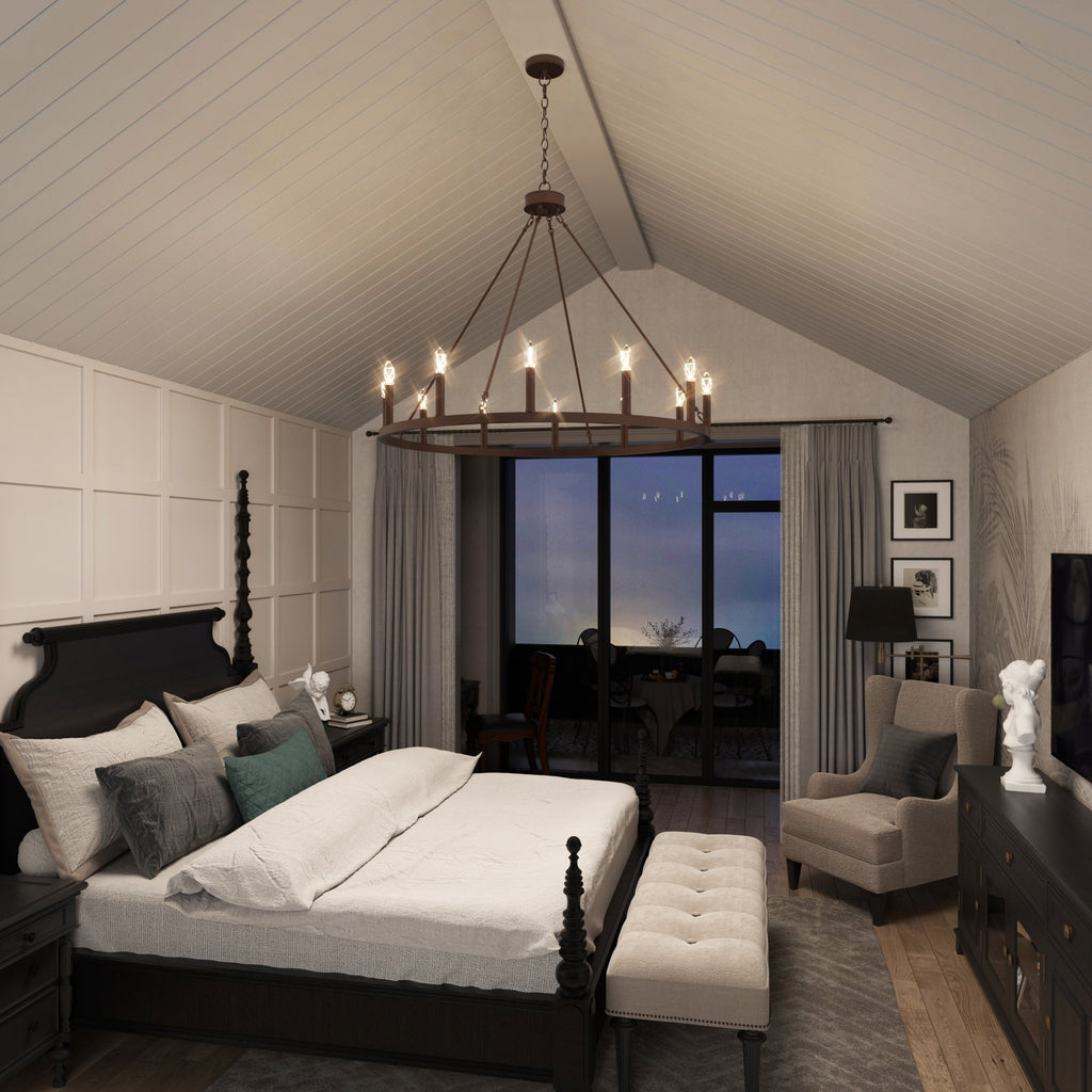 Suspension Acroma à 12 lumières, style ferme, en forme de roue de charrette de 40 pouces, avec certification UL - 40'' de diamètre x 138'' de hauteur