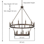 Luminaire Acroma à 20 lumières, style ferme moderne, en forme de roue de charrette ronde de 40 pouces, avec certification UL.