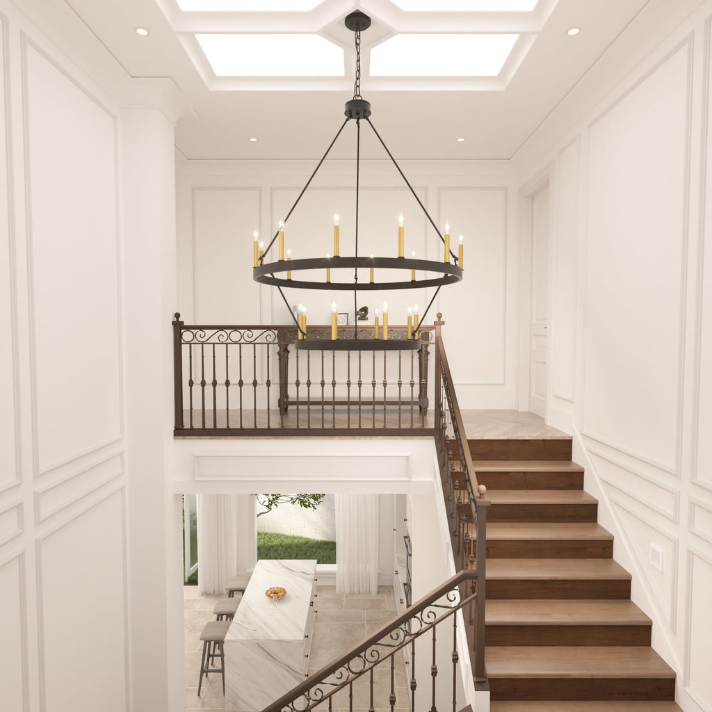 Luminaire Acroma à 20 lumières, style ferme moderne, en forme de roue de charrette ronde de 40 pouces, avec certification UL.