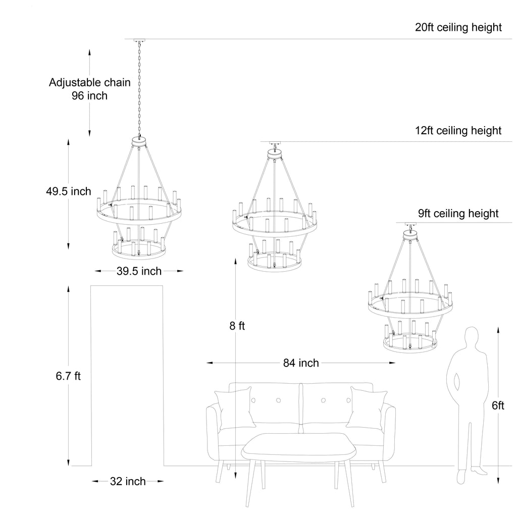 Luminaire Acroma à 20 lumières, style ferme moderne, en forme de roue de charrette ronde de 40 pouces, avec certification UL.