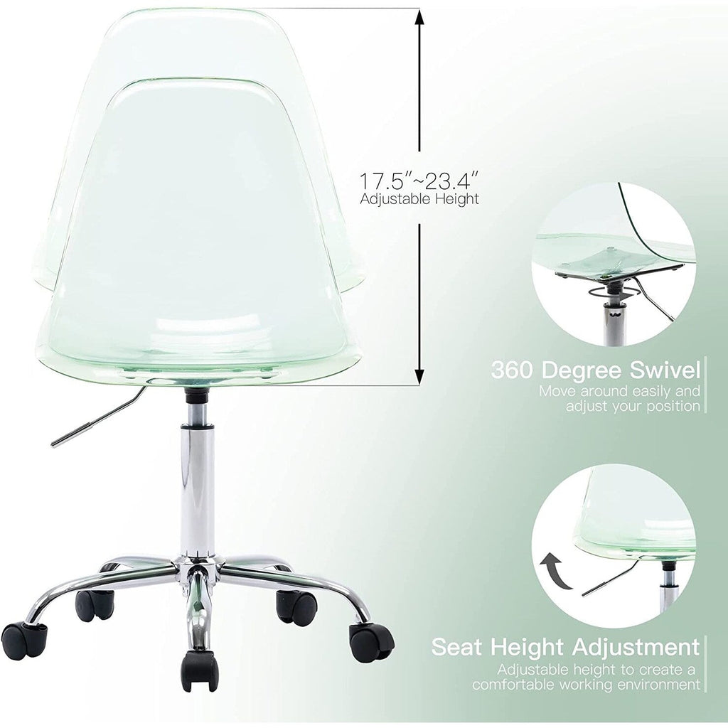 Chaise de bureau pivotante en acrylique, hauteur réglable, sans accoudoirs, sur roulettes, pour la maison.