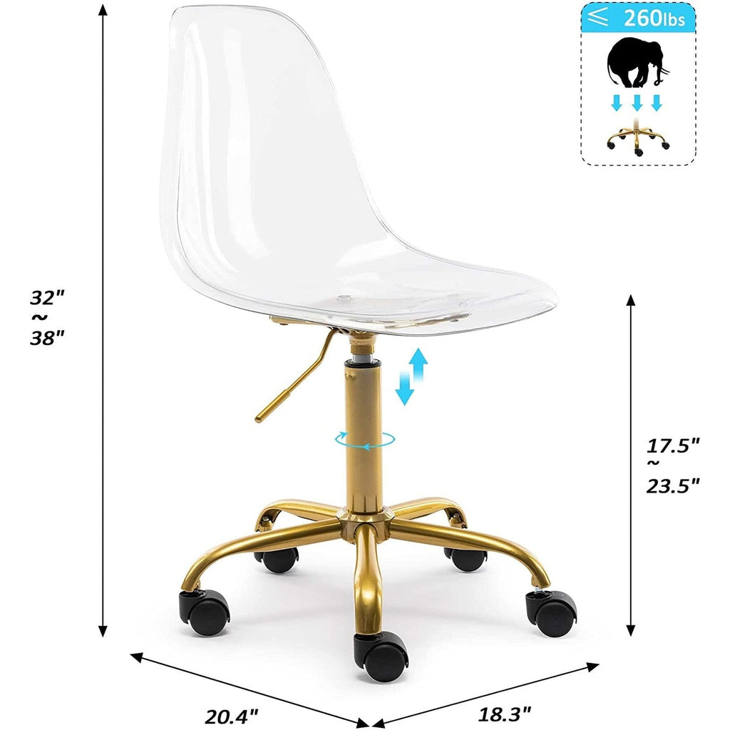 Chaise de bureau pivotante en acrylique, hauteur réglable, sans accoudoirs, sur roulettes, pour la maison.