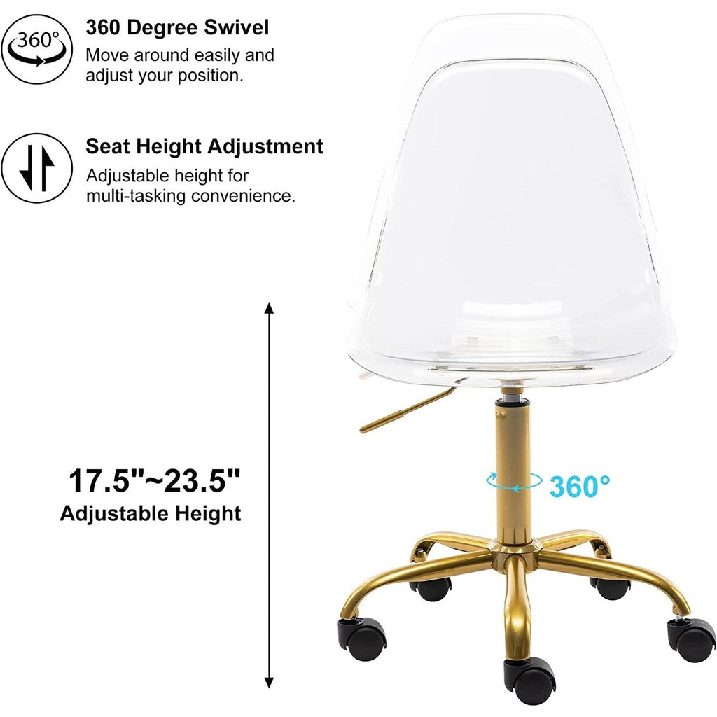 Chaise de bureau pivotante en acrylique, hauteur réglable, sans accoudoirs, sur roulettes, pour la maison.
