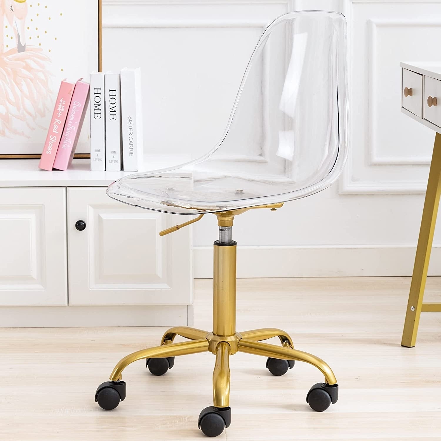 Chaise de bureau pivotante en acrylique, hauteur réglable, sans accoudoirs, sur roulettes, pour la maison.