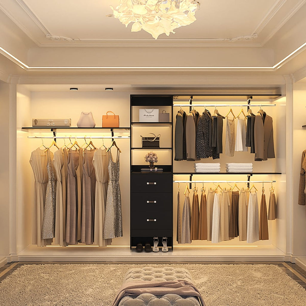 Rackcog Organisateur de placard réglable de 305 cm avec tiroirs, système de rangement avec étagères personnalisables pour placard à l'ancienne et placard aménagé.