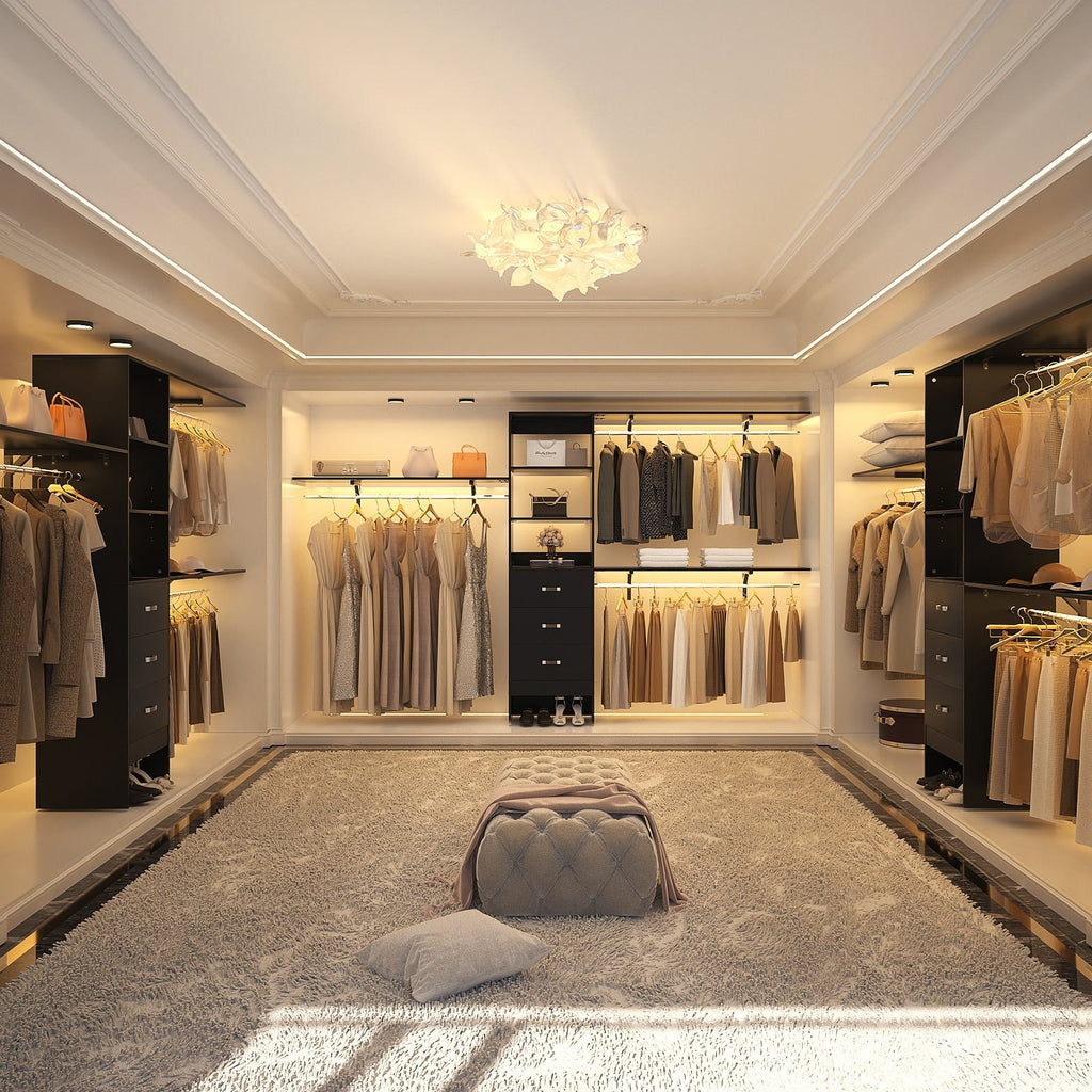 Rackcog Organisateur de placard réglable de 305 cm avec tiroirs, système de rangement avec étagères personnalisables pour placard à l'ancienne et placard aménagé.