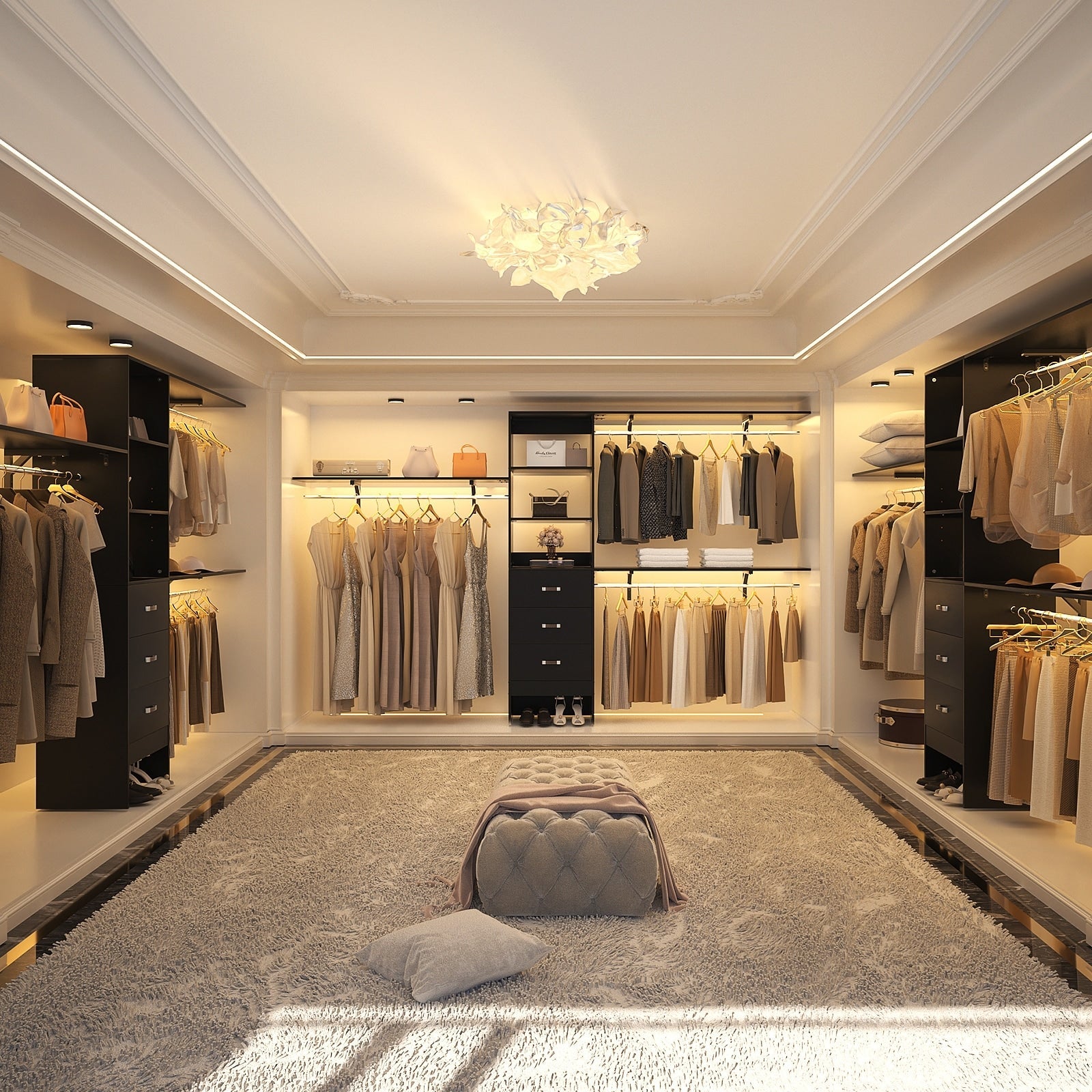 Rackcog Organisateur de placard réglable de 305 cm avec tiroirs, système de rangement avec étagères personnalisables pour placard à l'ancienne et placard aménagé.