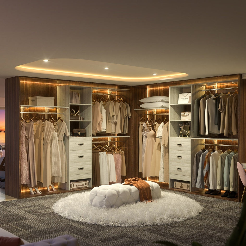 Rackcog Organisateur de placard réglable de 305 cm avec tiroirs, système de rangement avec étagères personnalisables pour placard à l'ancienne et placard aménagé.