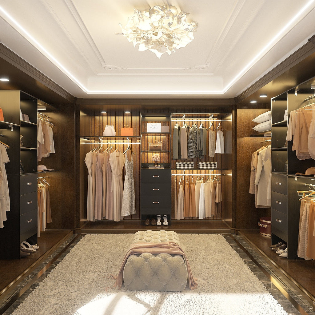 Rackcog Organisateur de placard réglable de 305 cm avec tiroirs, système de rangement avec étagères personnalisables pour placard à l'ancienne et placard aménagé.