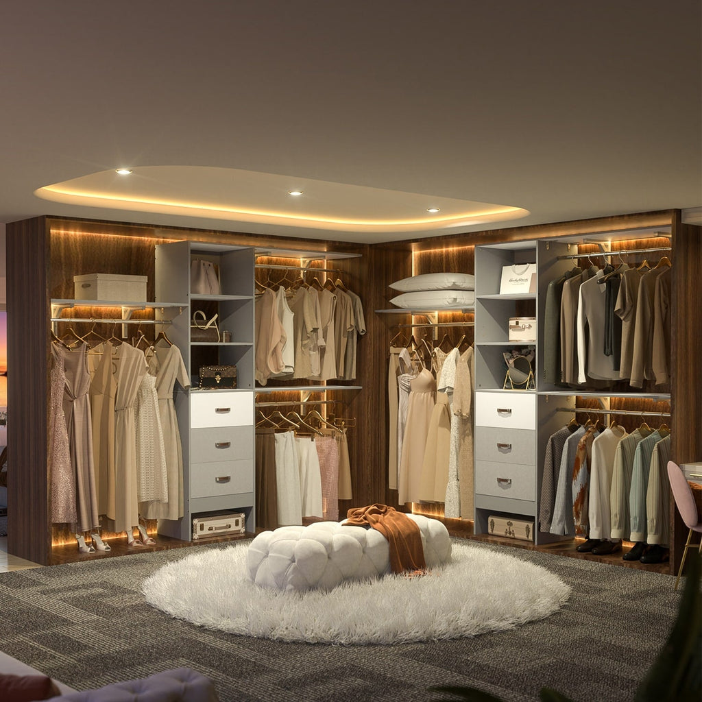 Rackcog Organisateur de placard réglable de 305 cm avec tiroirs, système de rangement avec étagères personnalisables pour placard à l'ancienne et placard aménagé.