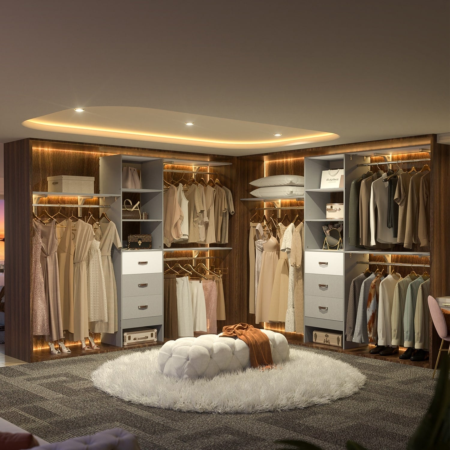 Rackcog Organisateur de placard réglable de 305 cm avec tiroirs, système de rangement avec étagères personnalisables pour placard à l'ancienne et placard aménagé.