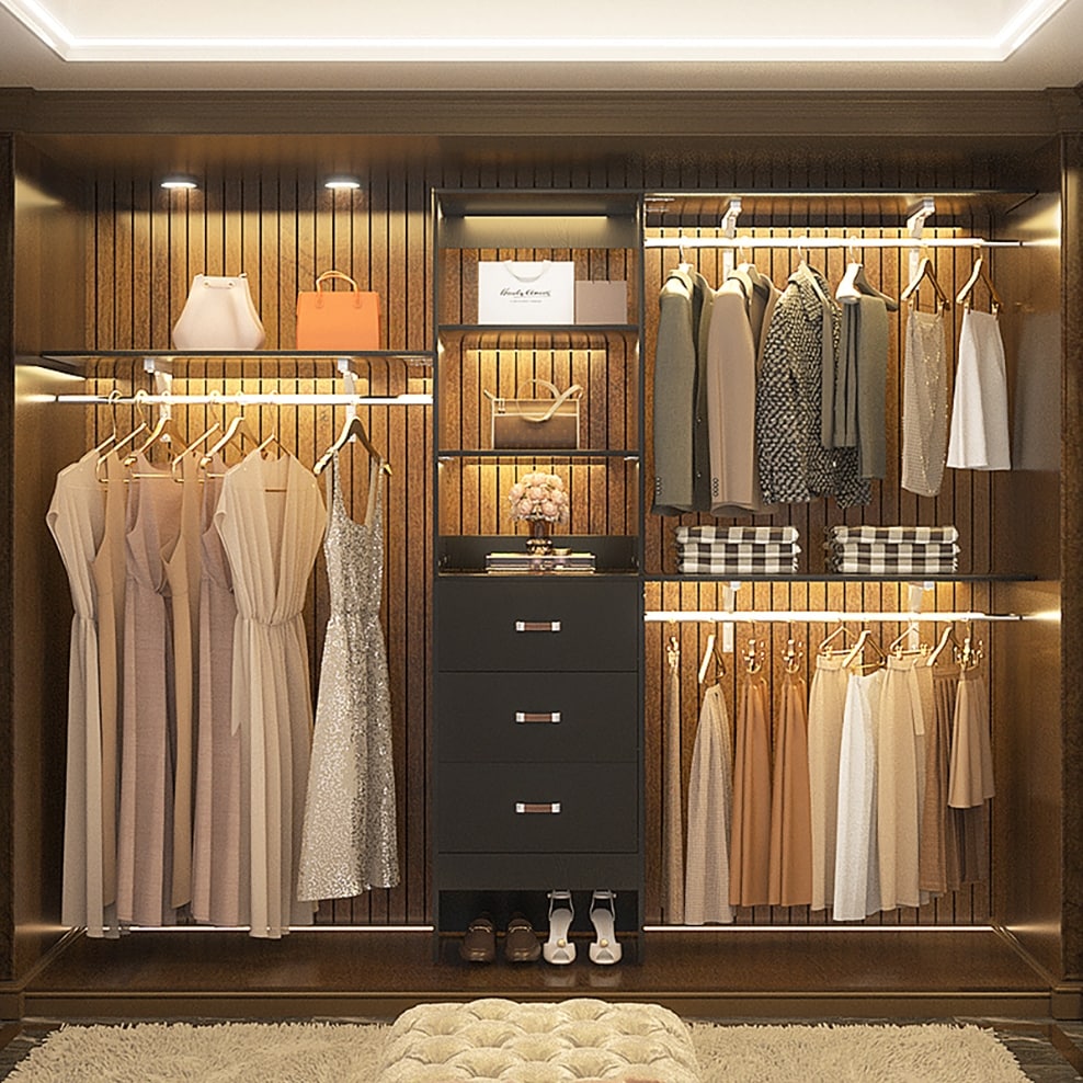 Rackcog Organisateur de placard réglable de 305 cm avec tiroirs, système de rangement avec étagères personnalisables pour placard à l'ancienne et placard aménagé.