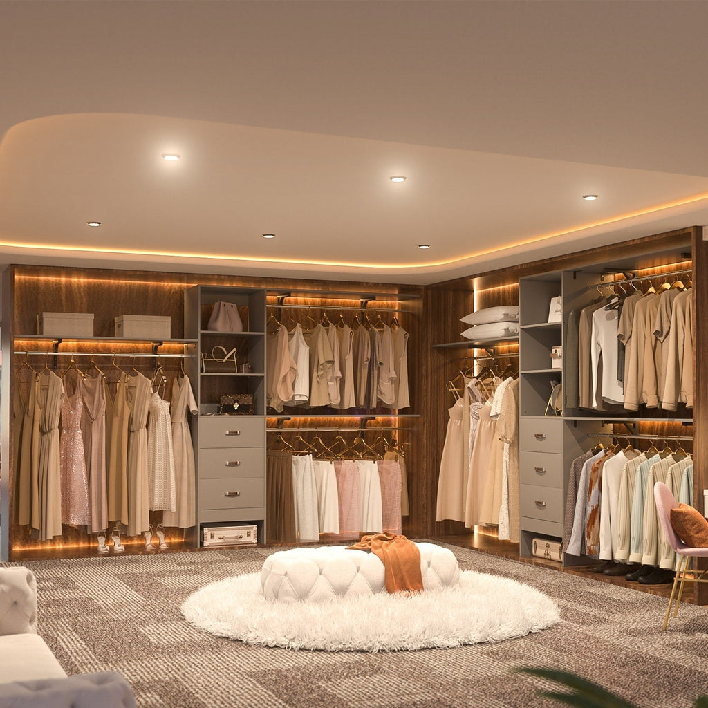 Rackcog Organisateur de placard réglable de 305 cm avec tiroirs, système de rangement avec étagères personnalisables pour placard à l'ancienne et placard aménagé.