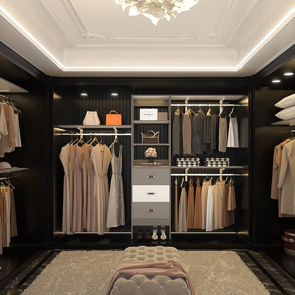 Rackcog Organisateur de placard réglable de 305 cm avec tiroirs, système de rangement avec étagères personnalisables pour placard à l'ancienne et placard aménagé.