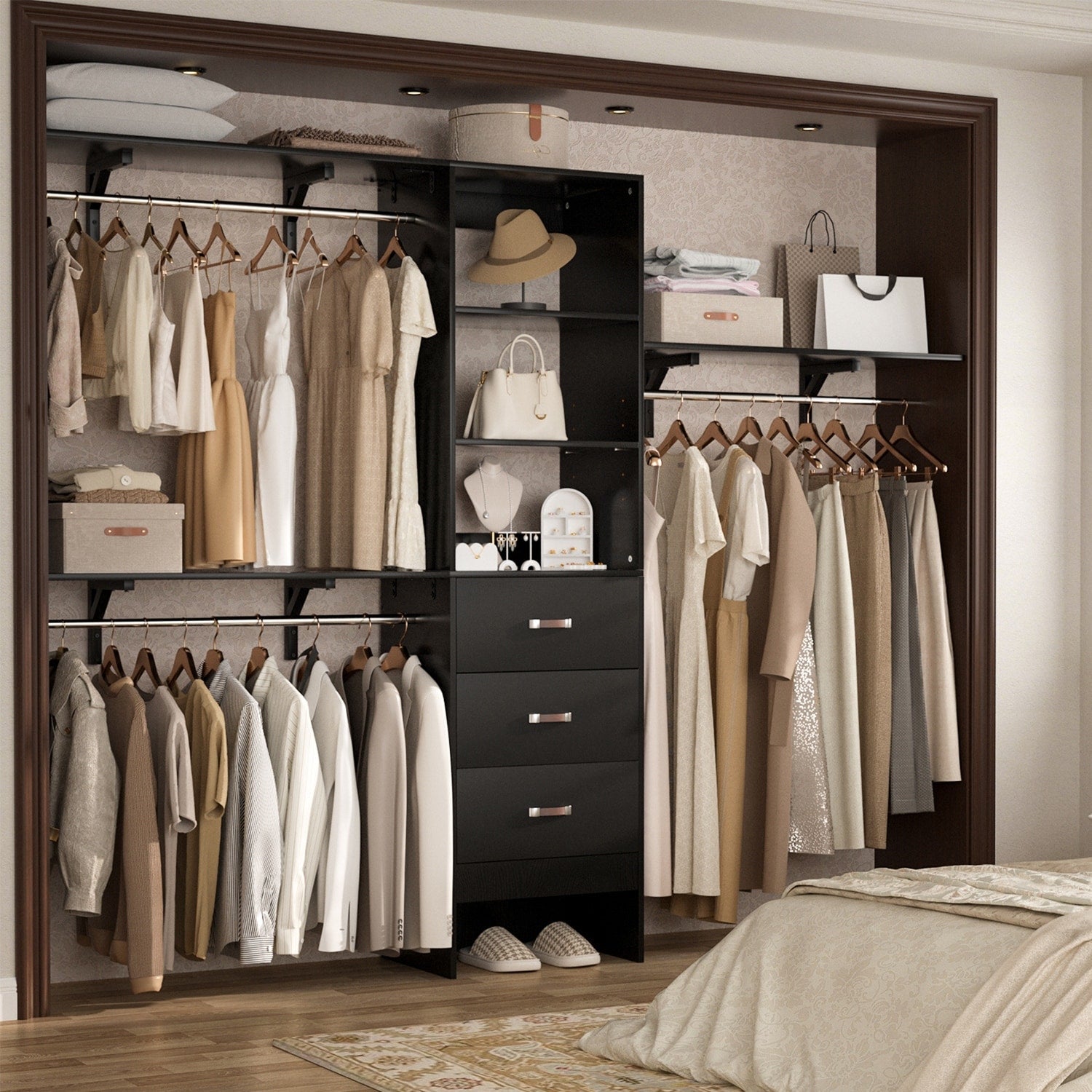 Rackcog Organisateur de placard réglable de 305 cm avec tiroirs, système de rangement avec étagères personnalisables pour placard à l'ancienne et placard aménagé.