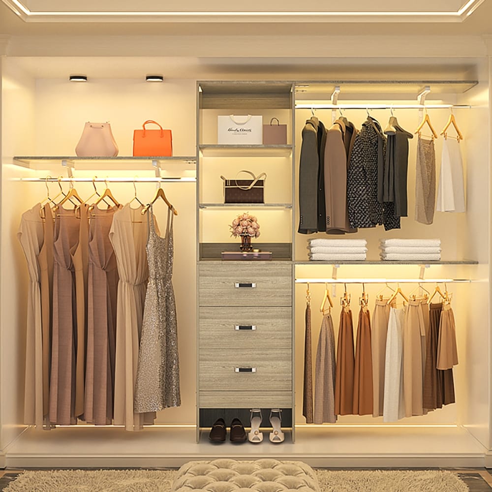 Rackcog Organisateur de placard réglable de 305 cm avec tiroirs, système de rangement avec étagères personnalisables pour placard à l'ancienne et placard aménagé.