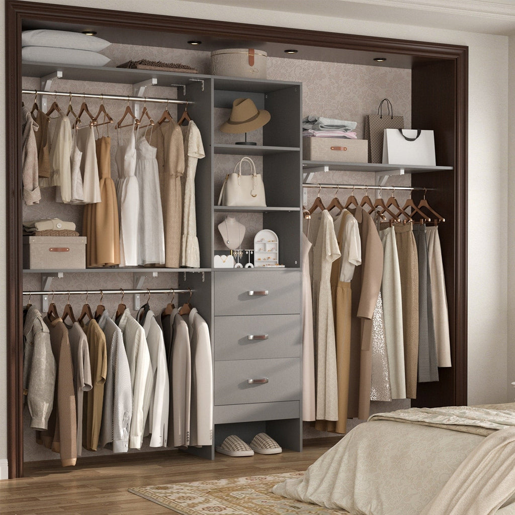 Rackcog Organisateur de placard réglable de 305 cm avec tiroirs, système de rangement avec étagères personnalisables pour placard à l'ancienne et placard aménagé.