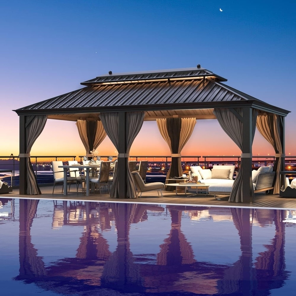 Erommy Gazebo à toit rigide avec cadre en aluminium et double toit, gazebo extérieur permanent avec rideaux et moustiquaire pour patio et jardin.