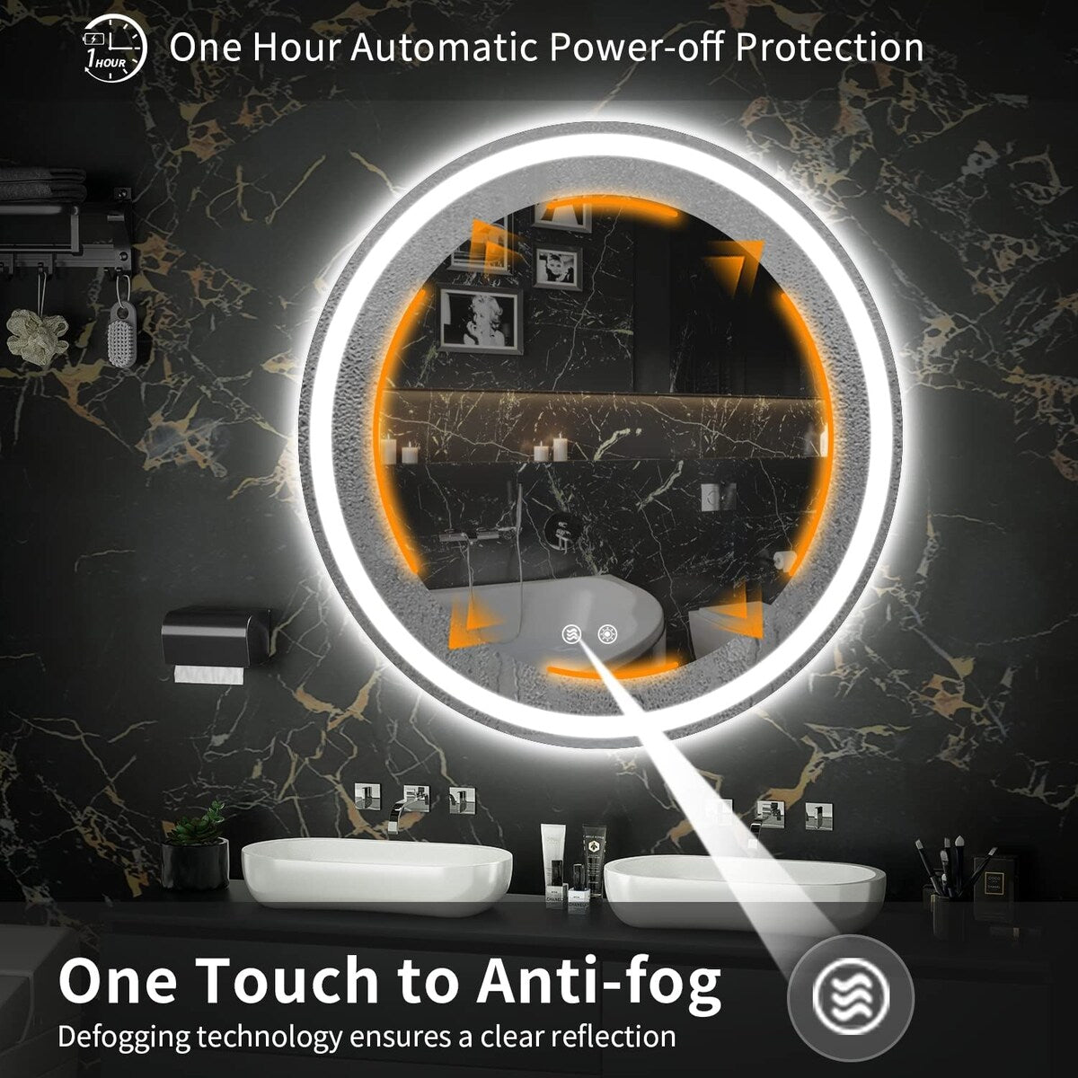 Miroir de coiffure rond sans cadre, à éclairage LED, avec fonction de gradation et anti-buée.